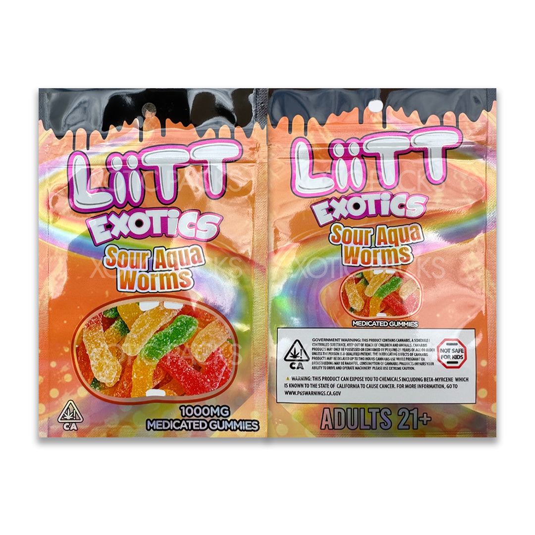 Liit Exotics Sour Agua Worms mylar bags edibles packaging