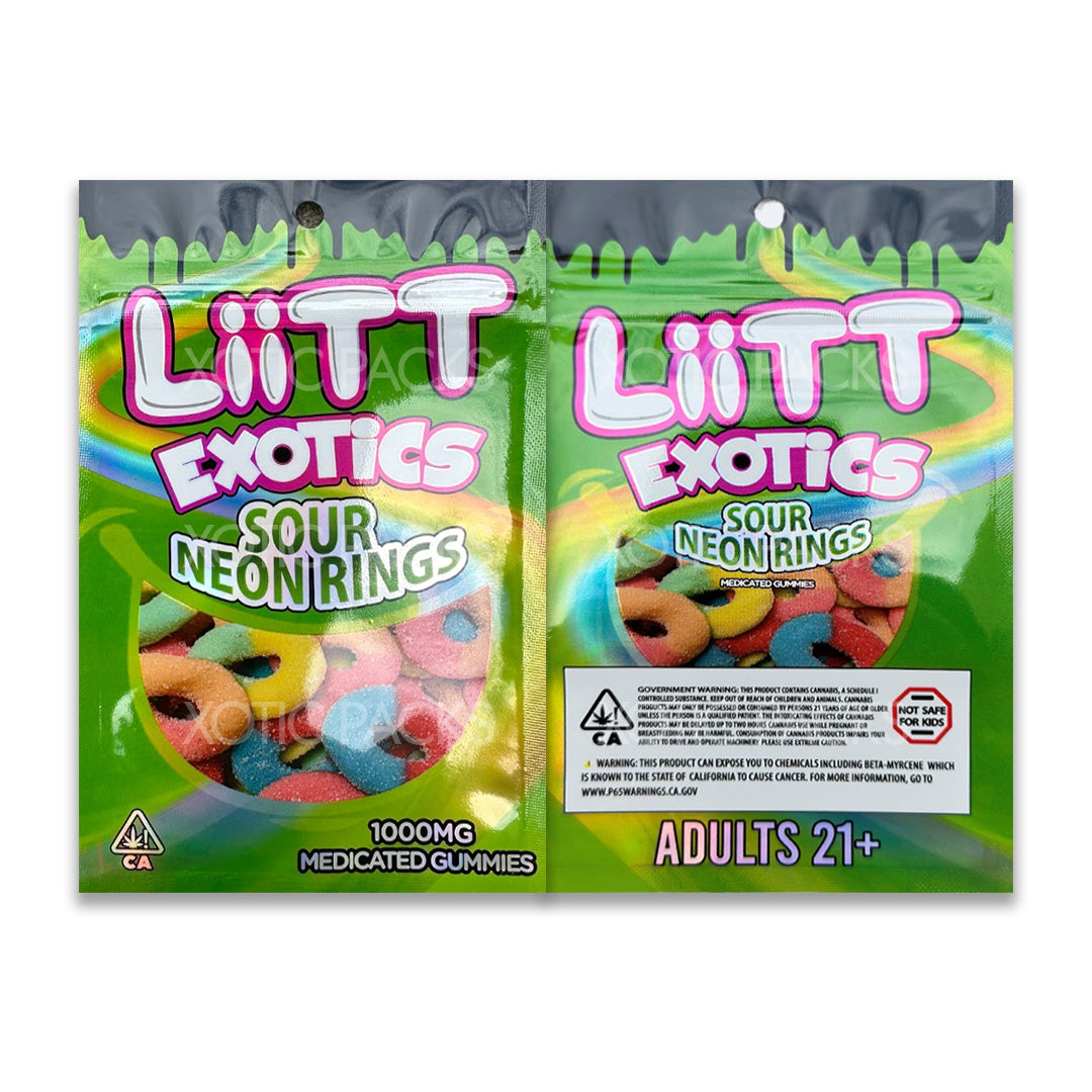 Liit Exotics Sour Neon Rings mylar bags edible packaging